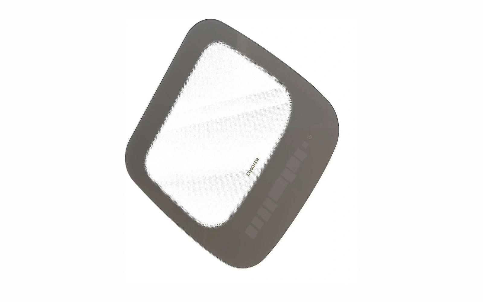 Printed washing machine lid glass with rounded profile, dot-gradient viewing area and control markings