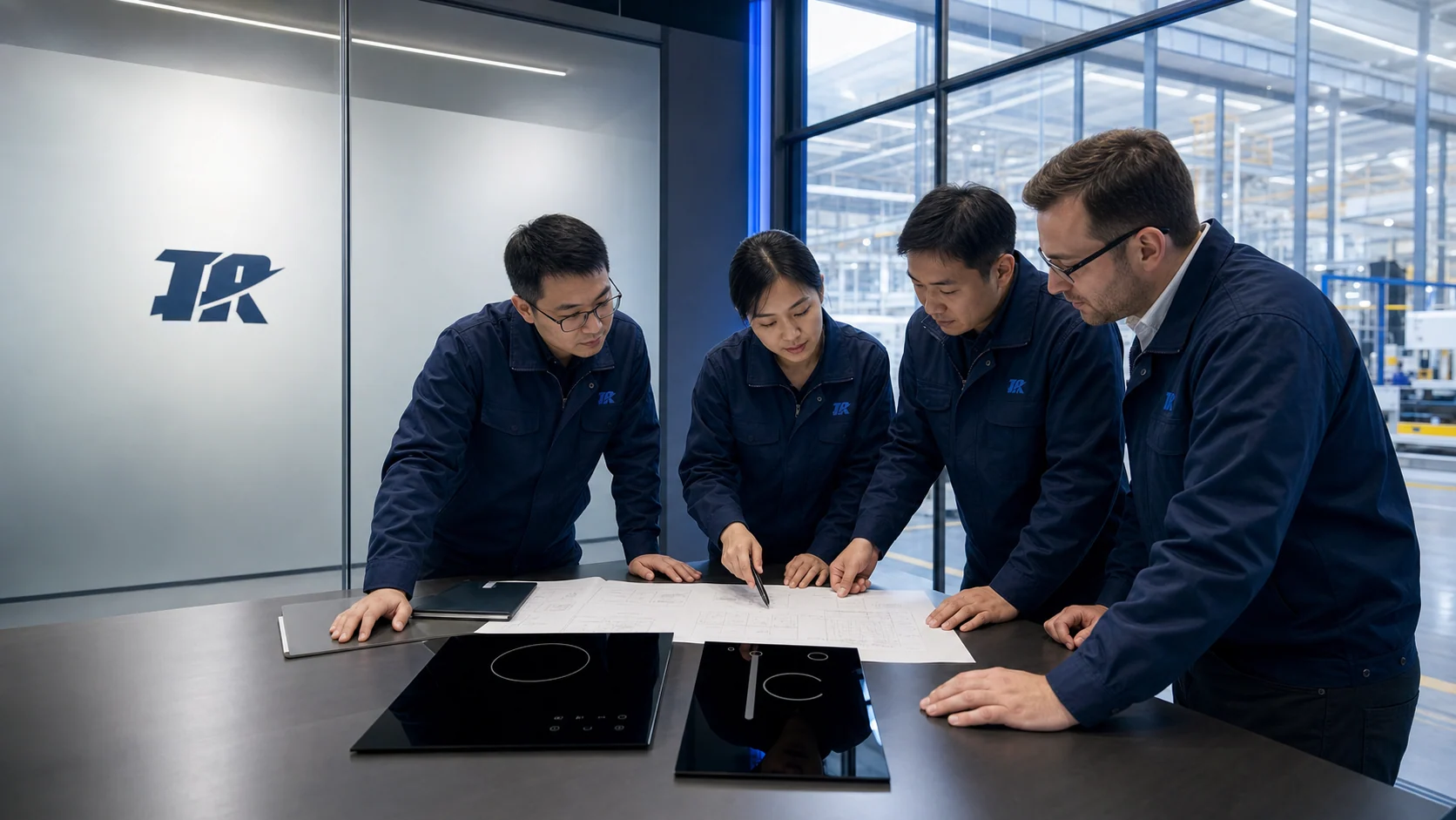 Tairong engineering team reviewing a custom appliance glass drawing